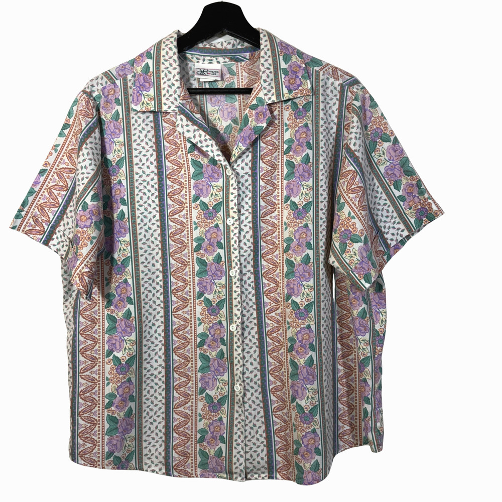 Floral Button Shirt Haband For Her Large Purple Brown Green Tropical Cottagecore
